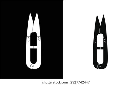 Ilustración vectorial del icono del selector de subprocesos. Vector de icono de las tijeras de corte de hilo en blanco y negro. Herramienta para trabajo de agujas o bordado. Concepto de moda. Tijeras sastre clipart.