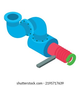 Icono de corte de hilo vectorial isométrico. Máquina de corte de metal, icono del tubo del adaptador. Equipos industriales, construcción, fabricación