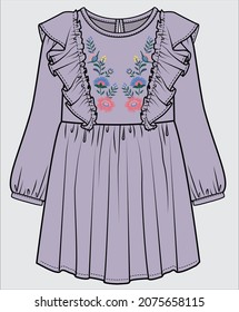 THREAD EMBROIDERY DESIGN FRILLED DRESS FOR GIRLS IN EDITABLE VECTOR FILE