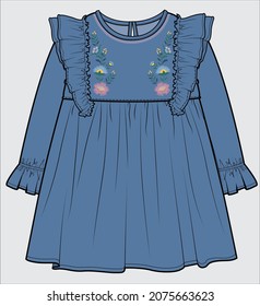 THREAD EMBROIDERY DESIGN FRILLED DRESS FOR TODDLER GIRLS IN EDITABLE VECTOR FILE