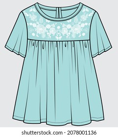 THREAD EMBROIDERY YOKE  WOVEN TOP FOR KID GIRLS AND TEEN GIRLS IN EDITABLE VECTOR FILE svg