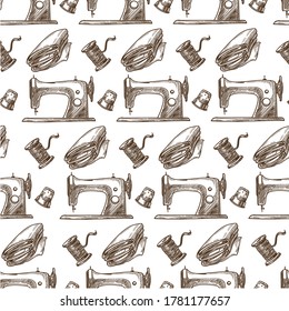 Thread and fabric cloth for making clothes, sewing machine seamless pattern. Fixing of clothing or dressmaking, atelier tailoring salon or workshop. Monochrome sketch outline, vector in flat style