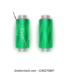 The Thread of Green Color, Thread Spool Set. Colorful Plastic Bobbin with realistic needle. vector illustration