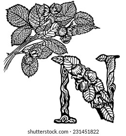 Thread hazelnut, nuts and leaves. Litera N.