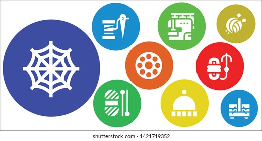 thread icon set. 9 filled thread icons.  Collection Of - Spider web, Thread, Sewing machine, Wool, Beanie, Bobbin, Rope, Yarn ball, Sewing box