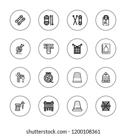 Thread icon set. collection of 16 outline thread icons with knit, fashion designer, knitting, strings, spider web, reminder, thimble, thread, wool, sewing machine icons.