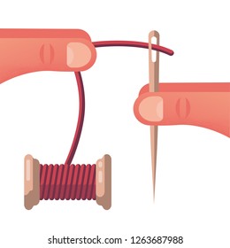 Thread into the needle. Human holds in his hands a thread and a needle. Fingers close up. Sewing work. Cartoon icon. Vector illustration flat design. Isolated on white background. 