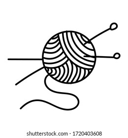 Thread and knitting needles, outline icon on white isolated background for posters, stickers, clip-arts