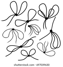 Thread knot silhouettes vector set. Various thread bow illustrations isolated on white. A collection of classical design elements for web, greeting cards, advertisement, textile, decoration purposes.