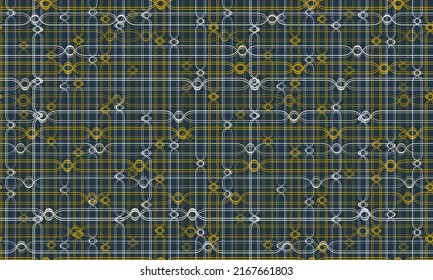Diseño vectorial de patrón sin fisuras de redes de hilo. Líneas delgadas que se superponen y cruzan el adorno de la cadena de hilados. Acogedora estampado de tela hogareña para la decoración interior. La imitación es un trazo intrincado. Cadena Knotty