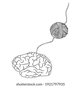 Thread leading from yarn ball to human brain. Black and white linear silhouette. Creative concept for knowledge.