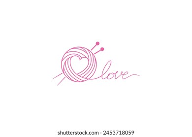 Thread logo with a heart shape and the word love. Yarn line art logo design