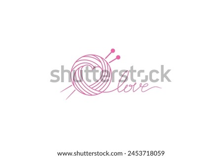 Thread logo with a heart shape and the word love. Yarn line art logo design