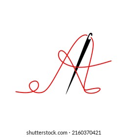 Hilo y aguja en forma de letra A. Aguja con ilustración vectorial de subproceso. Icono de aguja aislado en fondo blanco. Plantilla de signo individual. Elemento de diseño moderno