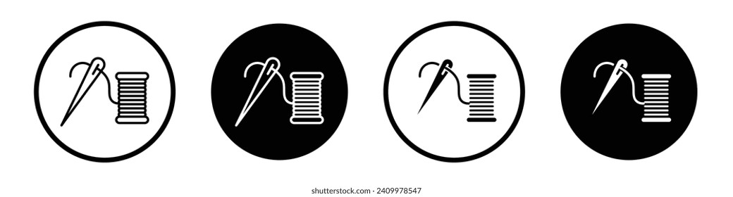 Thread needle icon set. Embroidery and tailor sew spool sewing vector symbol in a black filled and outlined style. Thread needle stich sign.