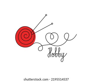 Thread and needle logo,  ball of wool, skein of thread, skein of yarn in doodle style. Sewing Sign, icon. Sewing and Hobby, Handmade. Vector illustration. Background isolated.