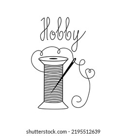 Hilo y logo de la aguja. Spool de hilos en forma de doodle. Símbolo de coser, icono. Costura y Hobby, hecho a mano. Ilustración vectorial. Fondo aislado.