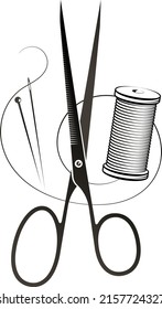 Thread with a needle and scissors. Silhouette for sewing and cutting