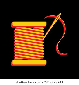 Thread with needle sign illustration. 3D Extruded Yellow Icon with Red Sides a Black background. Illustration.