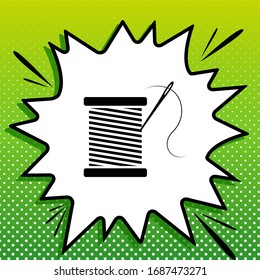 Hilo con el signo de la aguja. Icono negro sobre la parte blanca Splash en fondo verde con puntos blancos.  Ilustración.