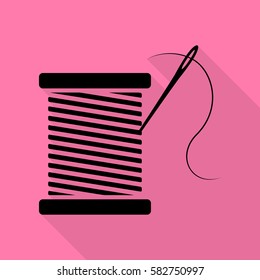Thread with needle sign illustration. Black icon with flat style shadow path on pink background.
