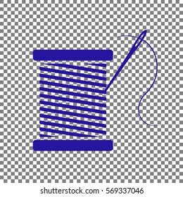 Thread with needle sign illustration. Blue icon on transparent background.