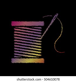 Thread with needle sign illustration. Coloful chalk effect on black backgound.