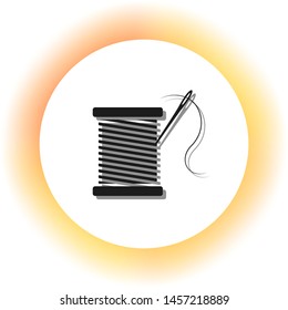 Thread with needle sign illustration. Dark icon with shadow on the glowing circle button. Illustration.