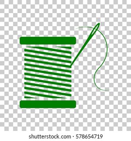 Thread with needle sign illustration. Dark green icon on transparent background.