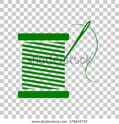 Thread with needle sign illustration. Dark green icon on transparent background.