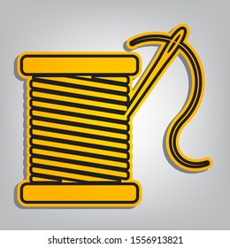 Thread with needle sign illustration. Flat orange icon with overlapping linear black icon with gray shadow at whitish background. Illustration.