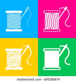 Thread with needle sign illustration. Four styles of icon on four color squares.