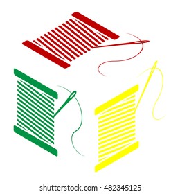 Thread with needle sign illustration. Isometric style of red, green and yellow icon.