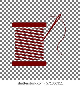 Thread with needle sign illustration. Maroon icon on transparent background.