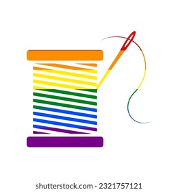 Thread with needle sign illustration. Rainbow gay LGBT rights colored Icon at white Background. Illustration.