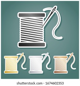 Thread with needle sign illustration. Set of metallic Icons with gray, gold, silver and bronze gradient with white contour and shadow at viridan background. Illustration.