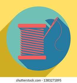 Thread with needle sign illustration. Sunset orange icon with llapis lazuli shadow inside medium aquamarine circle with different goldenrod shadow at royal yellow background.