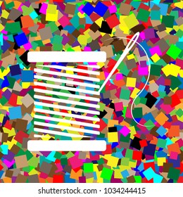 Thread with needle sign illustration. Vector. White icon on colorful background with seamless pattern from squares.