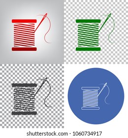 Thread with needle sign illustration. Vector. 4 styles. Red gradient in radial lighted background, green flat and gray scribble icons on transparent and linear one in blue circle.