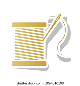 Thread with needle sign illustration. Vector. Golden gradient icon with white contour and rotated gray shadow at white background.