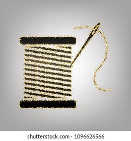 Thread with needle sign illustration. Vector. Blackish icon with golden stars at grayish background.