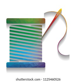 Thread with needle sign illustration. Vector. Colorful icon with bright texture of mosaic with soft shadow on white background. Isolated.