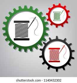 Thread with needle sign illustration. Vector. Three connected gears with icons at grayish background.