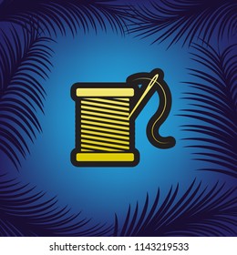 Thread with needle sign illustration. Vector. Golden icon with black contour at blue background with branches of palm trees.