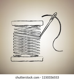 Thread with needle sign illustration. Vector. Brush drawed black icon at light brown background.