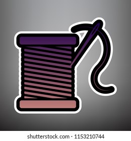 Thread with needle sign illustration. Vector. Violet gradient icon with black and white linear edges at gray background.