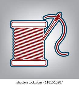 Thread with needle sign illustration. Vector. Dark red, transparent and midnight green stroke of white icon at grayish background.