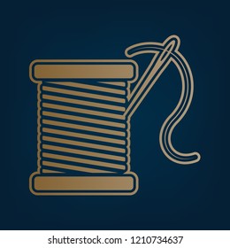 Thread with needle sign illustration. Vector. Golden icon and border at dark cyan background.