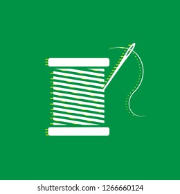 Thread with needle sign illustration. Vector. White flat icon with yellow striped shadow at green background.