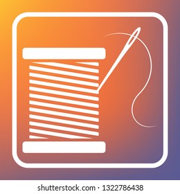Thread with needle sign illustration. Vector. White icon on transparent button at orange-violet gradient background.